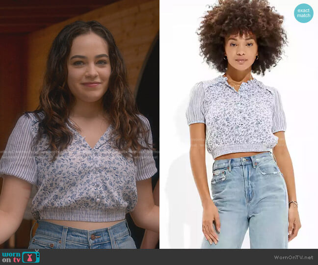 American Eagle Cropped Smocked Blouse worn by Samantha LaRusso (Mary Mouser) on Cobra Kai
