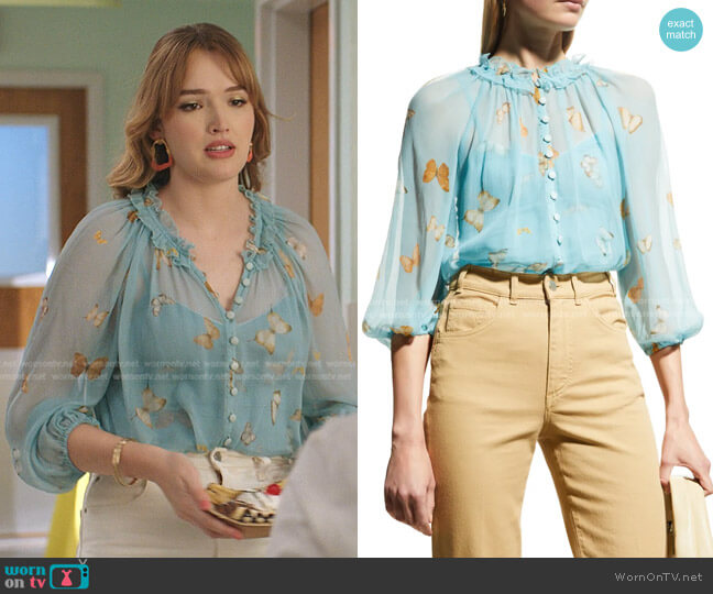 Alessia Zamattio La Maddalena Butterfly Button-Front Top worn by Kirby Anders (Maddison Brown) on Dynasty