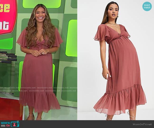 ASOS Design Maternity Soft Tiered Midi Dress with Tie Front in Rose worn by Manuela Arbeláez on The Price is Right