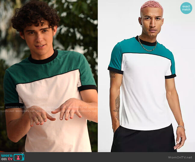 ASOS Design T-shirt with Green Contrast Yoke worn by Ricky (Joshua Bassett) on High School Musical The Musical The Series
