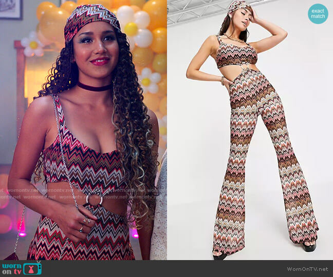 ASOS Design Ring Detail Wide Leg Jumpsuit in 70s Knit with Matching Bandana worn by Gina (Sofia Wylie) on High School Musical The Musical The Series