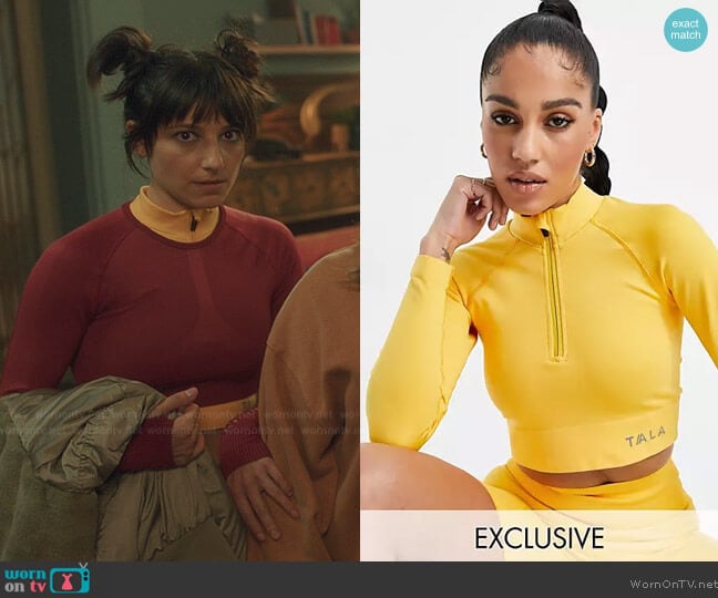 ASOS Tala Aster long sleeve crop top in yellow worn by Musa (Elisha Applebaum) on Fate The Winx Saga