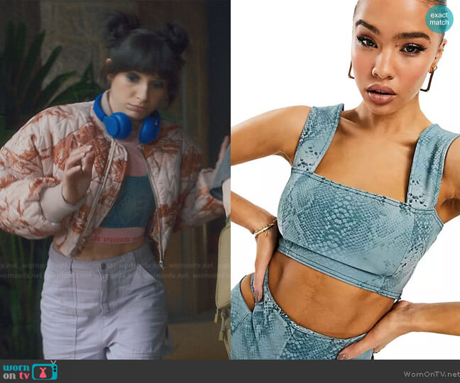ASYOU square neck crop top set in blue snake print by ASOS worn by Musa (Elisha Applebaum) on Fate The Winx Saga