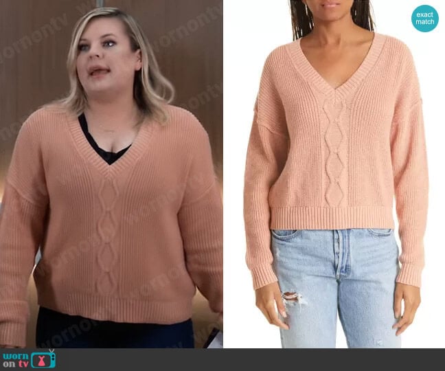 ATM Anthony Thomas Melillo Cable Knit Cotton & Cashmere Pullover Sweater in Deep Coral worn by Maxie Jones (Kirsten Storms) on General Hospital