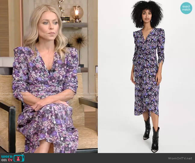 Isabel Marant Albini Floral Print High-Low Midi Dress in Ultra Violet worn by Kelly Ripa on Live with Kelly and Ryan