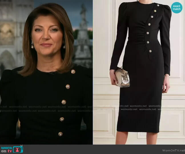Alessandra Rich Ruched Embellished Wool-Blend Crepe Midi Dress worn by Norah O'Donnell on The Talk