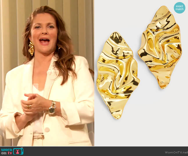 Alexis Bittar Crumpled Gold Large Post Earrings worn by Drew Barrymore on The Drew Barrymore Show