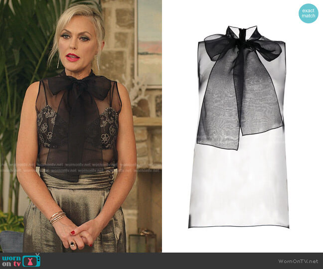 Andrew Gn sheer pussy-bow collar blouse worn by Alexis Carrington (Elaine Hendrix) on Dynasty