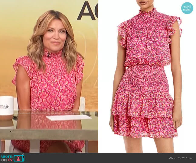 Aqua Printed Flutter Sleeve Mini Dress worn by Kit Hoover on Access Hollywood