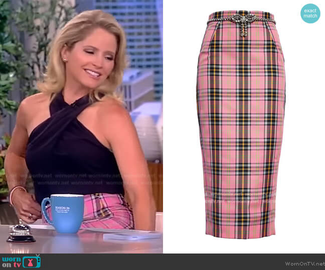 Area Crystal-Trimmed Plaid Wool-Blend Midi Skirt worn by Sara Haines on The View