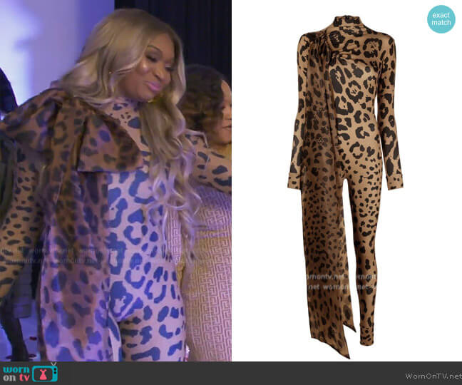 Atu Body Couture Leopard-print bodycon jumpsuit worn by Marlo Hampton on The Real Housewives of Atlanta