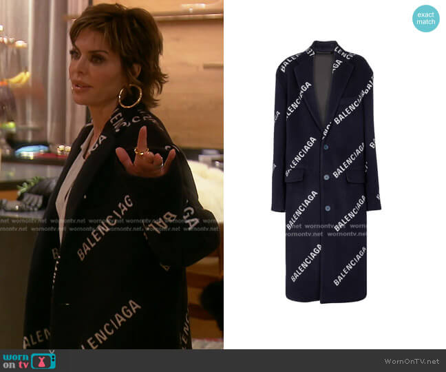 Balenciaga Logo Wool and Cashmere-Blend Coat worn by Lisa Rinna on The Real Housewives of Beverly Hills