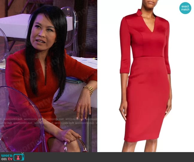 Badgley Mischka V-Neck 3/4-Sleeve Solid Scuba Dress worn by Selina Wu (Lydia Look) on General Hospital