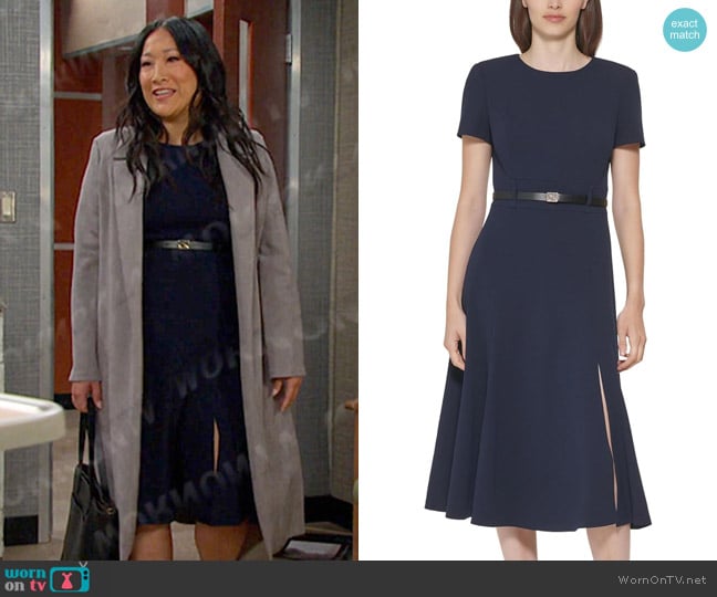 Melinda’s navy belted dress on Days of our Lives