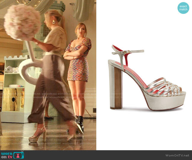 Christian Louboutin Coluna Girl Sahara Laminato Sandals worn by Amanda Carrington (Eliza Bennett) on Dynasty