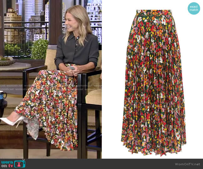 Christopher Kane Floral Pleated Midi Skirt worn by Kelly Ripa on Live with Kelly and Mark