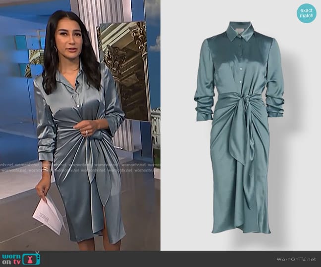 Cinq a Sept Jacey Silk Charmeuse Midi Wrap Shirtdress worn by Morgan Radford on NBC News Daily