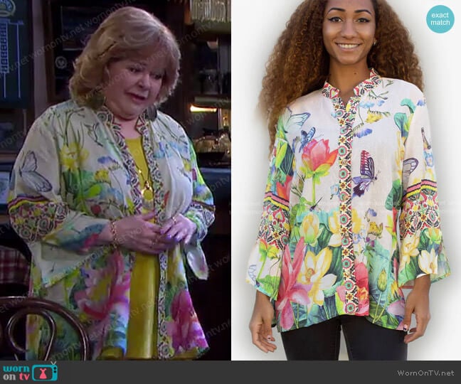 Citron Botanical Butterfly Blouse worn by Nancy Wesley (	Patrika Darbo) on Days of our Lives