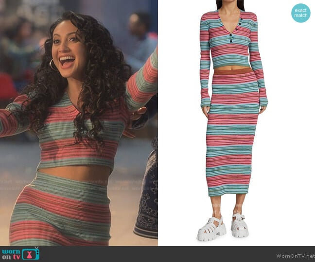 Derek Lam 10 Crosby Milana Ribbed Stripe Cropped Top and Skirt worn by Ana Torres (Francia Raisa) on Grown-ish