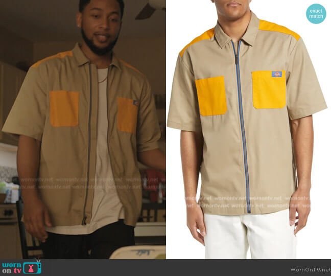 Dickies Mixed Media Zip Front Short Sleeve Work Shirt worn by Emmett (Jacob Latimore) on The Chi