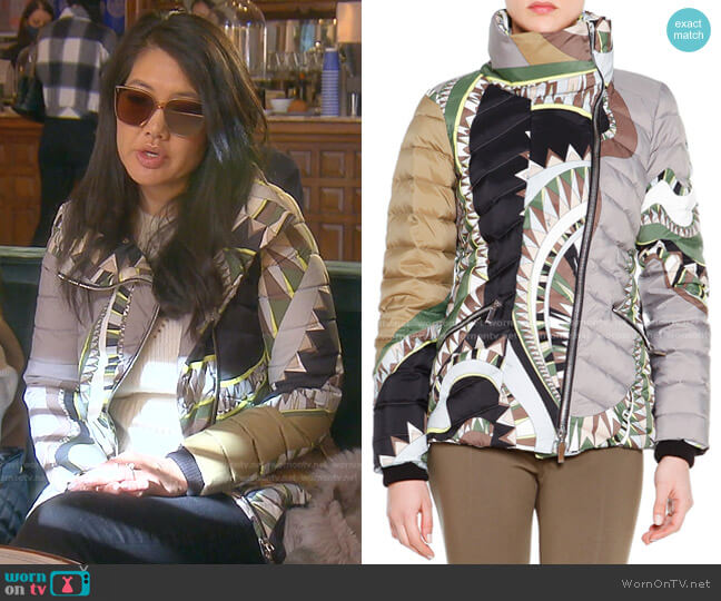 Emilio Pucci Printed Asymmetric-Zip Puffer Jacket worn by Crystal Kung Minkoff on The Real Housewives of Beverly Hills