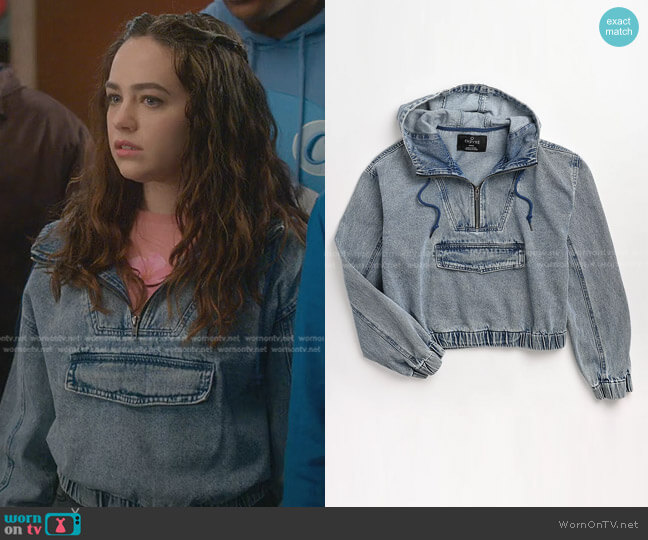 Wornontv Samanthas Denim Cropped Hoodie On Cobra Kai Mary Mouser Clothes And Wardrobe From Tv