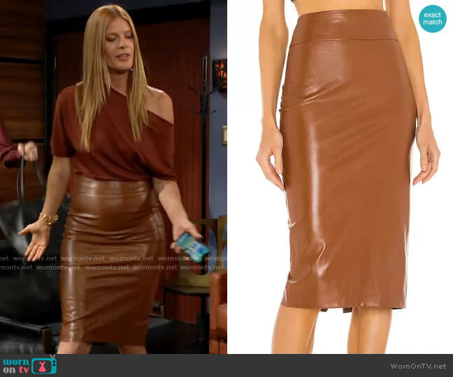 Enza Costa Vegan Leather Midi Skirt worn by Phyllis Summers (Michelle Stafford) on The Young and the Restless