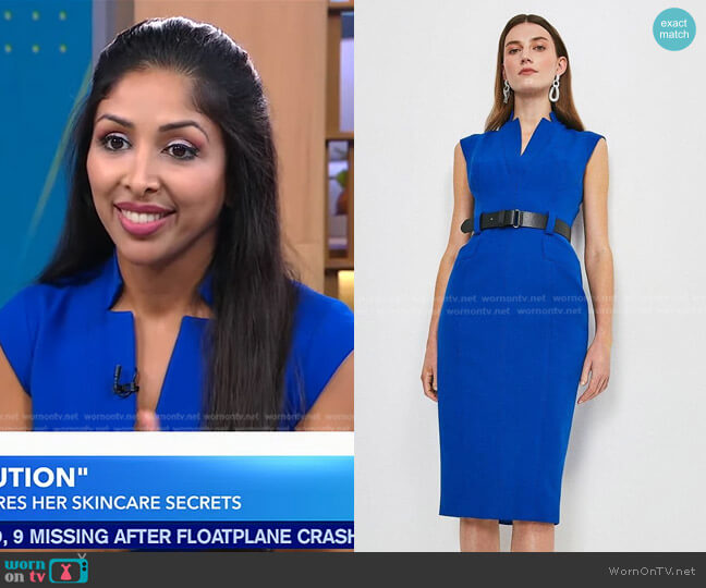 Karen MIllen Forever Cap Sleeve Belted Midi Dress in Blue worn by Vanita Rattan on Good Morning America