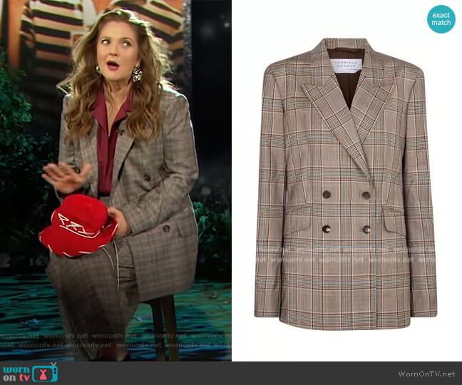 Gabriela Hearst Angela checked virgin wool blazer worn by Drew Barrymore on The Drew Barrymore Show