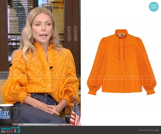 Gucci x The North Face Ruffled Lace Blouse worn by Kelly Ripa on Live with Kelly and Ryan
