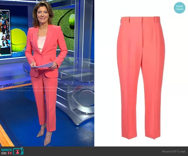 High-Waisted Tailored Trousers in Coral by Alexander McQueen worn by Norah O'Donnell on CBS Evening News