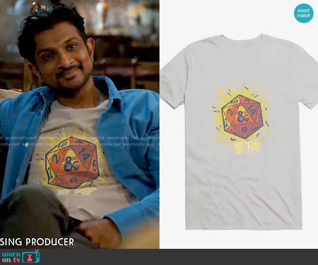 Hot Topic Dungeons & Dragons D20 Dice Asian Letters T-Shirt worn by Jay (Utkarsh Ambudkar) on Ghosts