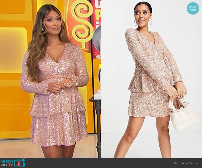 In The Style Maternity exclusive sequin plunge front tiered detail mini dress in rose gold worn by Manuela Arbeláez on The Price is Right