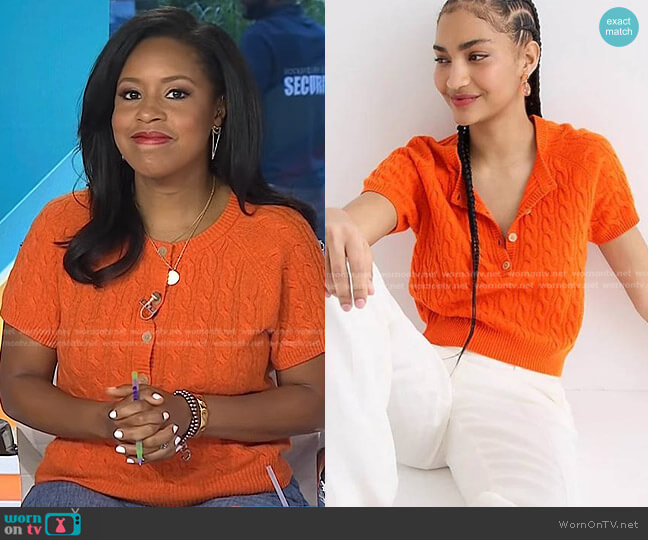 J. Crew Cashmere Cable-Knit Henley T-shirt worn by Sheinelle Jones on Today