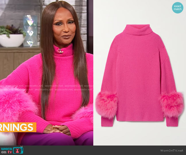 LAPOINTE Feather-embellished ribbed cashmere and silk-blend turtleneck sweater worn by Iman on CBS Mornings