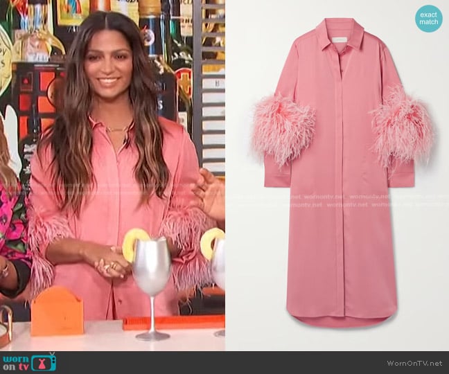 Lapointe Feather-Trimmed Satin Midi Shirt Dress worn by Camila Alves on Access Hollywood