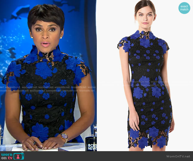Laundry by Shelli Segal  Mock Neck Lace Dress worn by Jericka Duncan on CBS Evening News