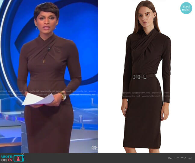 LAUREN Ralph Lauren Mockneck Jersey Dress worn by Jericka Duncan on CBS Evening News