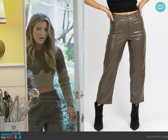 L'Abeye Dusty Olive Faux Leather Pants worn by Naomie Olindo on Southern Charm
