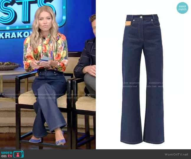 Paco Rabanne Leather-Patch High-Rise Flared Jeans worn by Kelly Ripa on Live with Kelly and Ryan