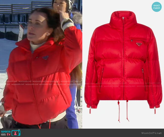Prada Logo Nylon Gabardine Down Jacket In Red worn by Kyle Richards on The Real Housewives of Beverly Hills
