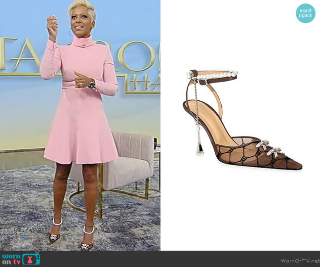 Mach and Mach Matilda embellished satin and embroidered mesh sandals worn by Tamron Hall on Tamron Hall Show