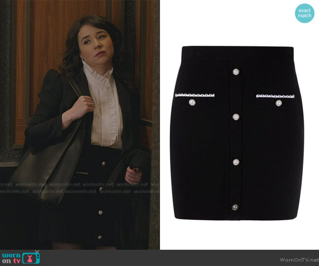 Maje Pearl-embellished cotton mini skirt worn by Marissa Gold (Sarah Steele) on The Good Fight
