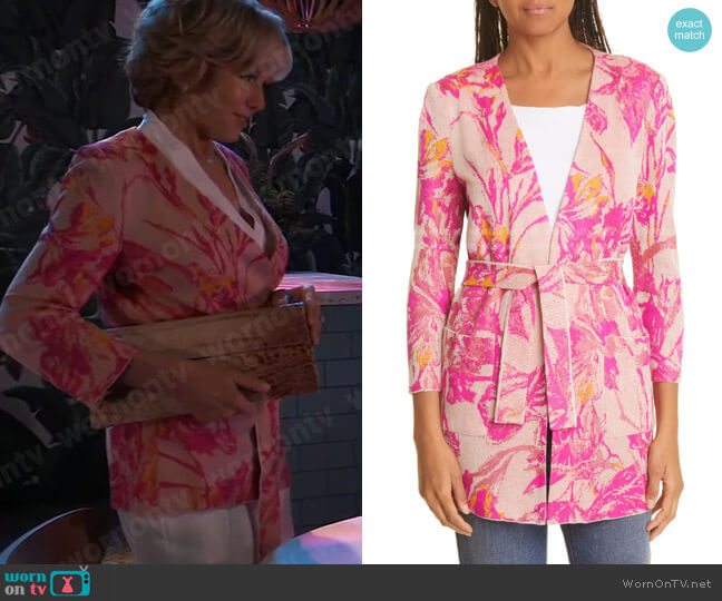 Misook Tropical Floral Jacquard Belted Cardigan worn by Peyton (Linda Purl) on General Hospital