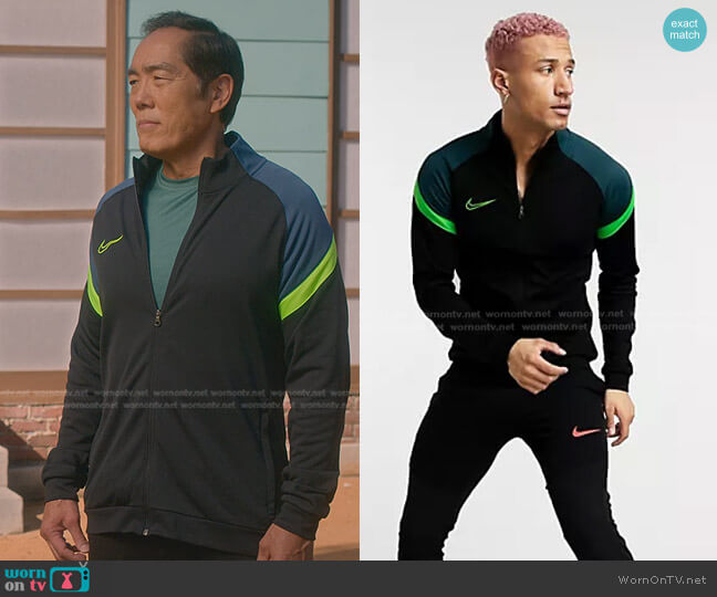 Nike Football Academy Track Jacket in black and neon worn by Chozen Toguchi (Yuji Don Okumoto) on Cobra Kai