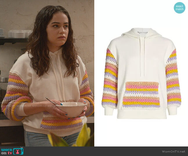 Alice + Olivia Nisa Crochet Combo Hoodie worn by Samantha LaRusso (Mary Mouser) on Cobra Kai