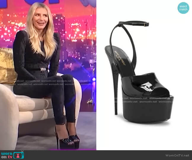 Saint Laurent Patent Calfskin Ankle-Strap Platform Sandals worn by Morgan Stewart on E! News