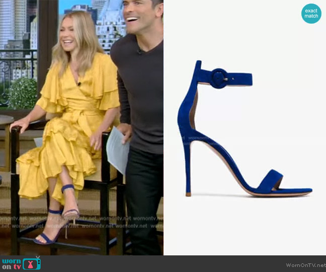 Gianvito Rossi Portofino 105 velvet sandals worn by Kelly Ripa on Live with Kelly and Mark