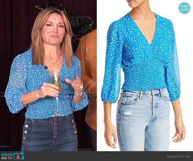 Aqua Printed Smocked Top worn by Kit Hoover on Access Hollywood