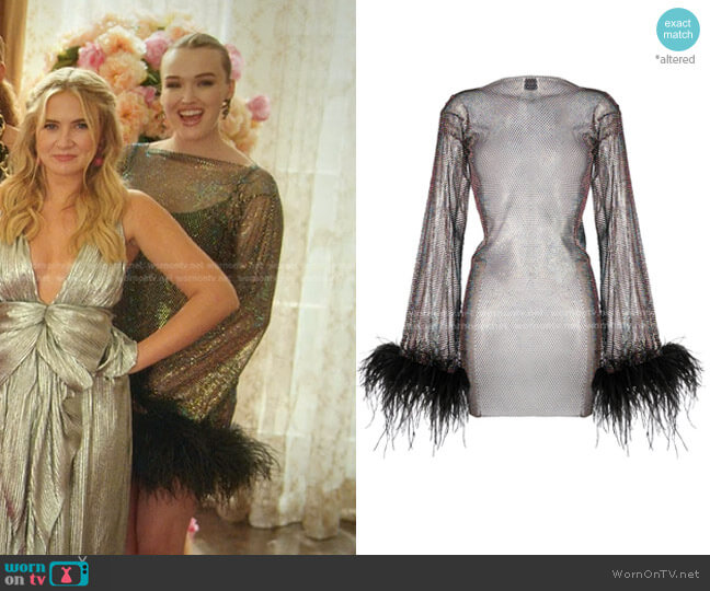 Santa Brands Crystal-Embellished Feather-Trim Minidress worn by Kirby Anders (Maddison Brown) on Dynasty